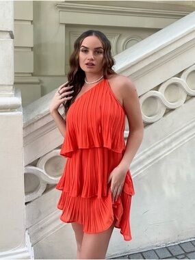 ZESICA ONE SHOULDER SLEEVELESS RUFFLE PLEATED CHIFFON MINI DRESS Small